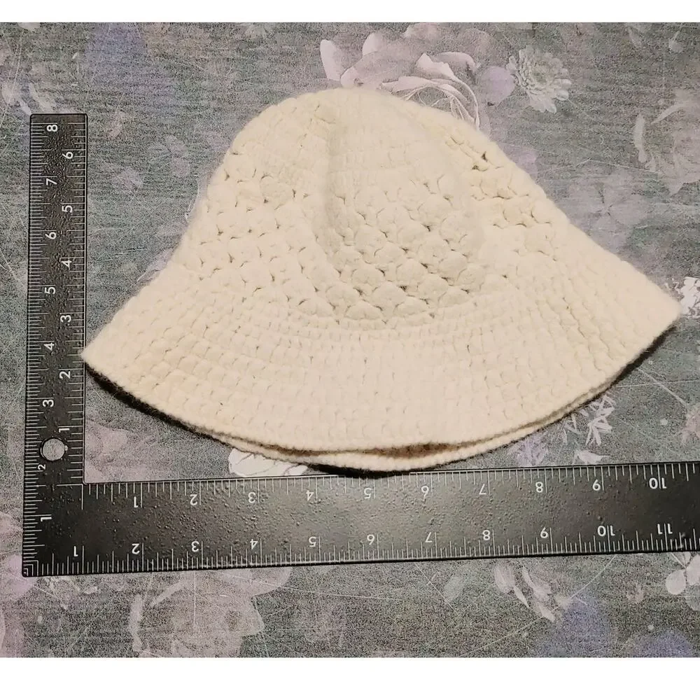 Wool Rabbit Hair Blend Bucket Hat Knitted Lightweight Beige Unisex Kids One Size